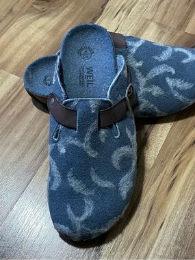 Dr Weil Blue Wool Clogs Boho Patterned Mules Cozy Slip On Shoes Sz 9 (40)